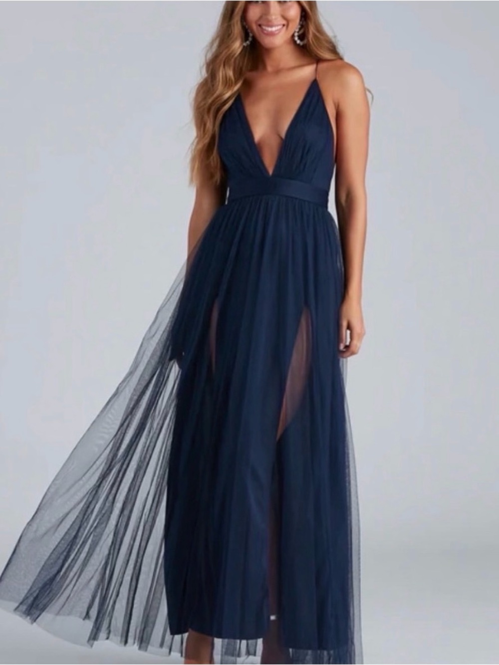 Windsor Navy Plunge Tulle Maxi Dress